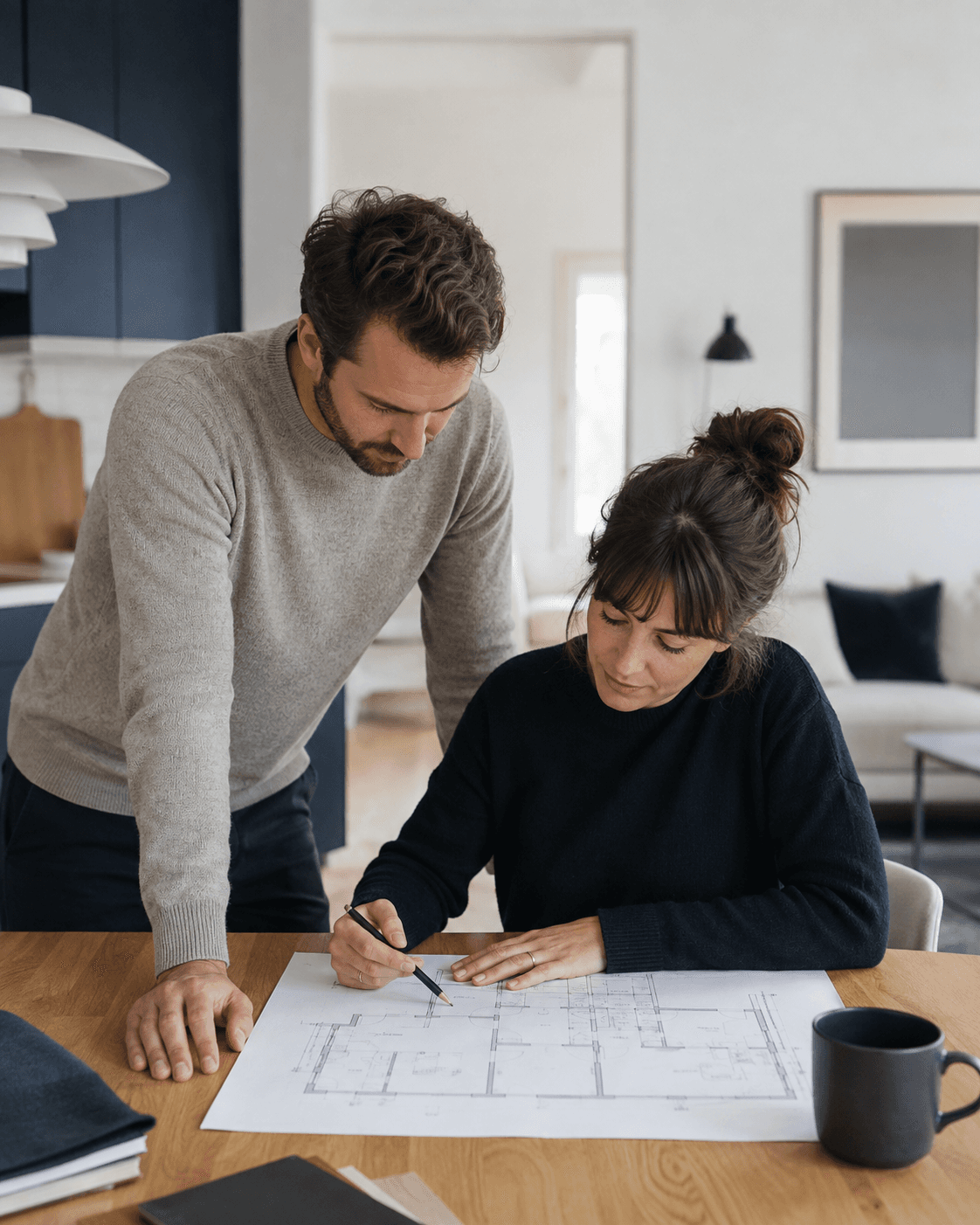 Illustrationsbild: två boende planerar sin renovering vid köksbordet.